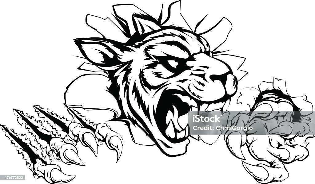 Tiger ripping through wall A scary tiger mascot ripping through the background with sharp claws Hockey stock vector