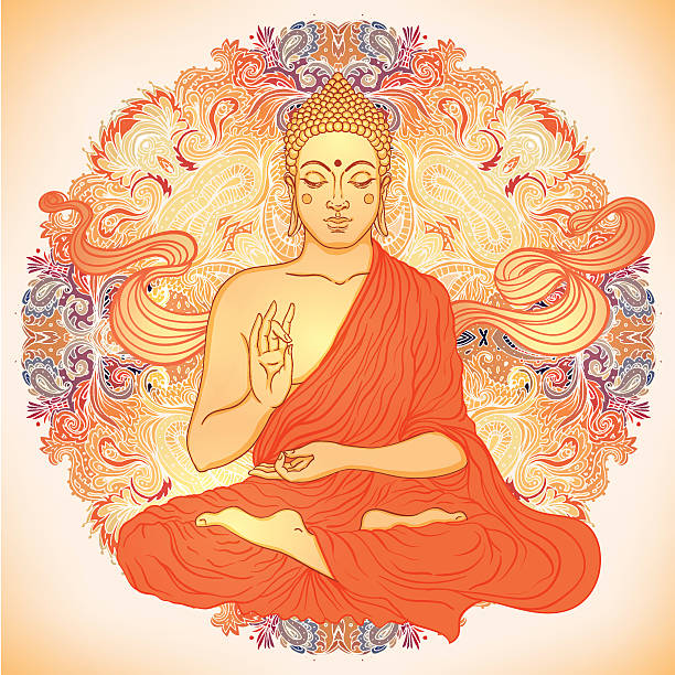 ilustraciones, imágenes clip art, dibujos animados e iconos de stock de buda de estar en ornamentados mandala moldura redonda - buda