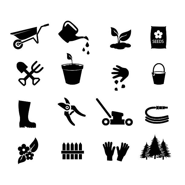 ilustrações, clipart, desenhos animados e ícones de jardim ícone conjunto de ilustração - watering can shovel rake silhouette