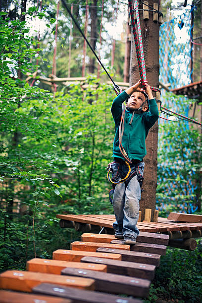 istock Little boy walking in adventure park attached to zip line 476773380