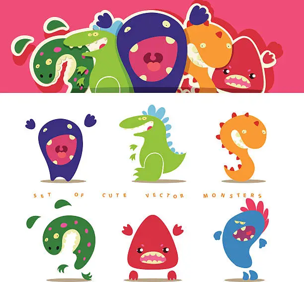 Vector illustration of Set of cute vector cartoon monsters in kids style