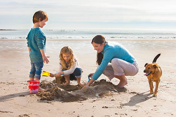 mutter kinder und hund-hund am strand - lifestyles child beach digging stock-fotos und bilder
