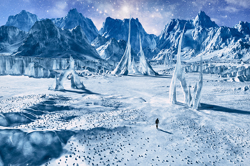 Frozen landscape with icy artefacts on distant planet and astrounaut walking.