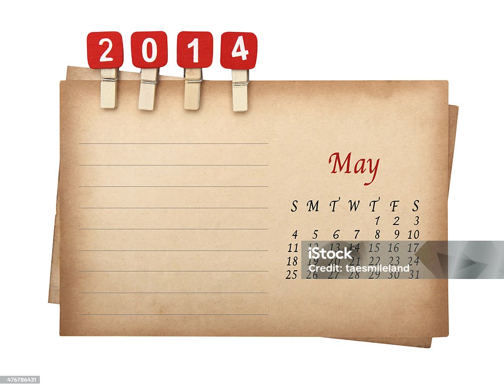 May 2014 calendar on the old paper with wooden pegs 2014 Stock Photo