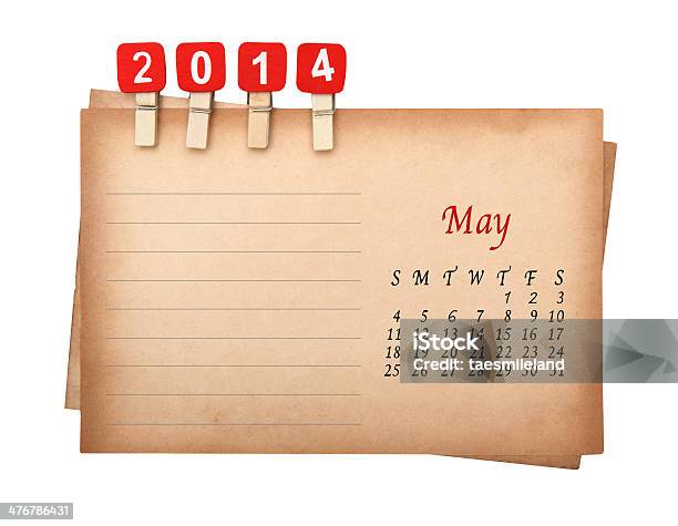 May 2014 Calendar On The Old Paper With Wooden Pegs Stock Photo - Download Image Now