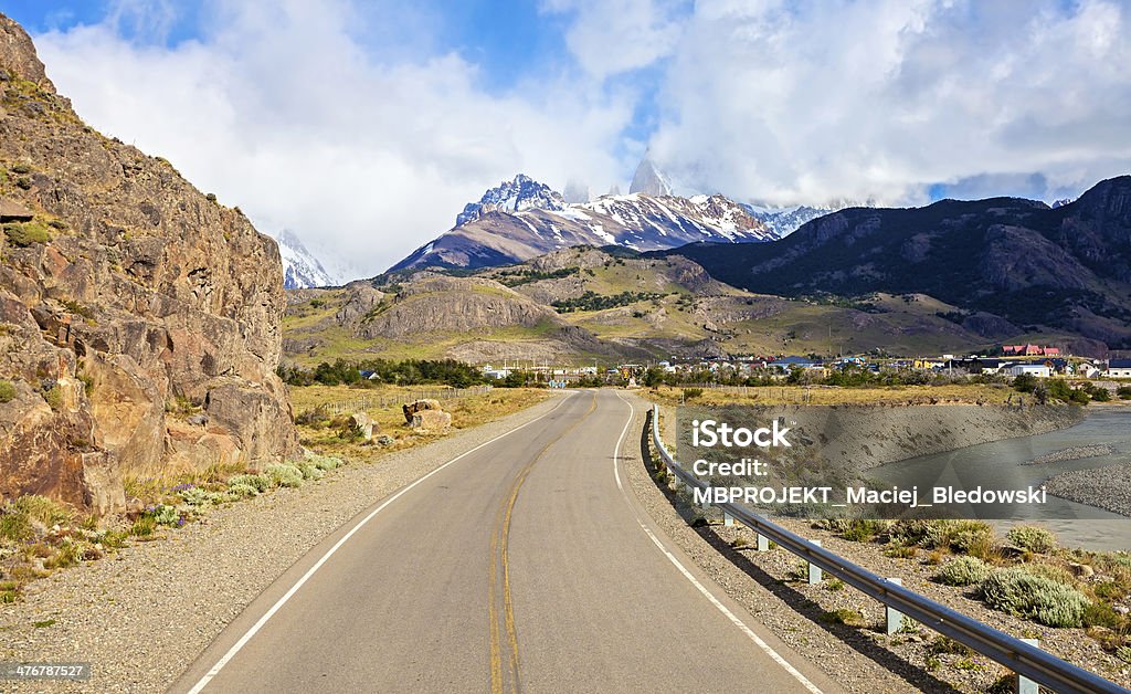 Road to El Chalten in Argentina. Road to El Chalten with view of Fitz Roy mountain in clouds, Patagonia, Argentina. Argentina Stock Photo