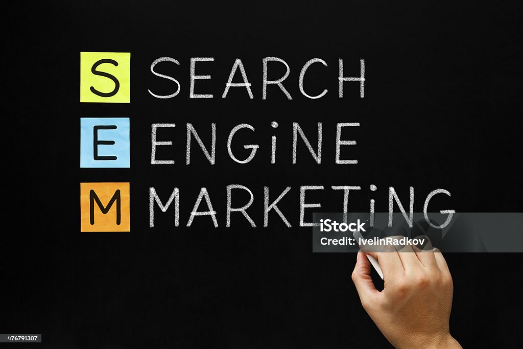 Search Engine Marketing Acronym Hand writing Search Engine Marketing with white chalk on blackboard. Acronym Stock Photo