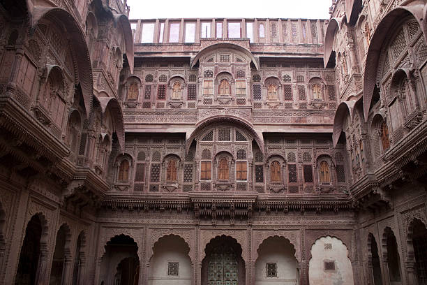 Exterior detail of beautiful Patwon Ki Haveli, also called Patwa Haveli in Jaisalmer, Rajasthan state of India. A haveli is a traditional townhouse or mansion in the Indian subcontinent.