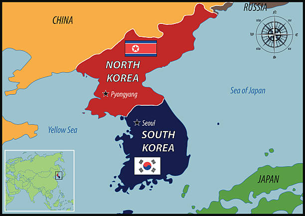 mapa lokalizacji korei i ostrzegawcze - south korea stock illustrations