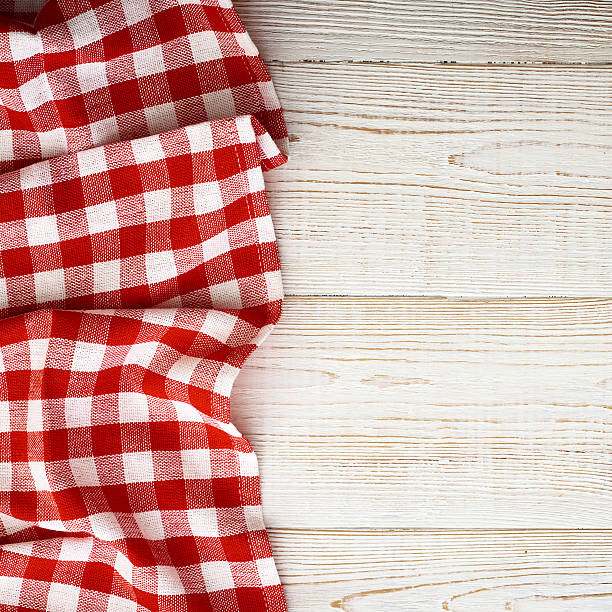 istock Tablecloth tartan on white wooden table. Flat mock up. Top 476796246