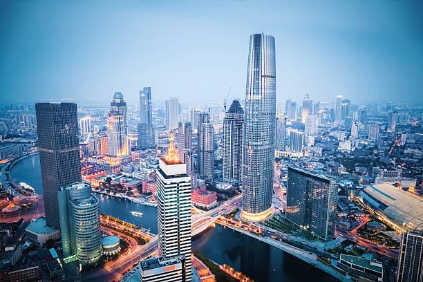 aerial view of tianjin in nightfall