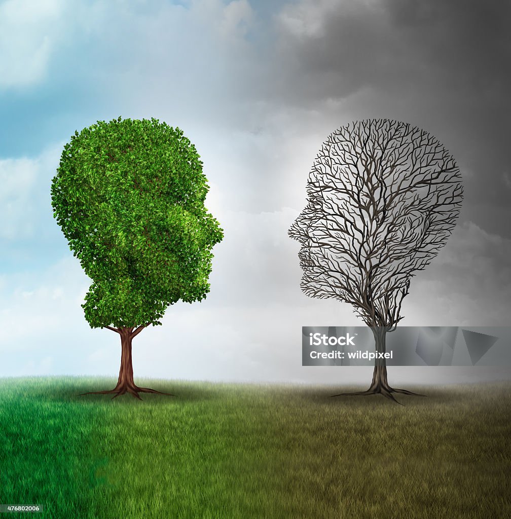 Human mood and emotion Human mood and emotion disorder concept as a tree shaped as two human faces with one half full of leaves and the opposite side empty branches as a medical metaphor for psychological contrast in feelings. Contrasts Stock Photo