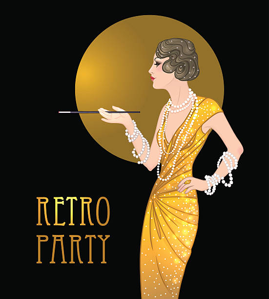 ilustraciones, imágenes clip art, dibujos animados e iconos de stock de flapper girl:  retro plantilla de diseño de fiesta de invitación.   gran gatsby estilo. - 1920s style illustrations