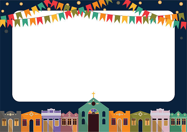 Brazilian the June party Latin American holiday, the June São João Festival, bright night the background with colonial houses, church, lights and colored flags and place for the recording form festa junina stock illustrations