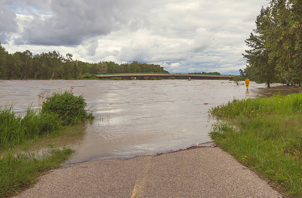 allagato percorso al parco fish creek - calgary flood alberta natural disaster foto e immagini stock