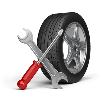 Maintenance repair of motor vehicles. 3d image. White background.