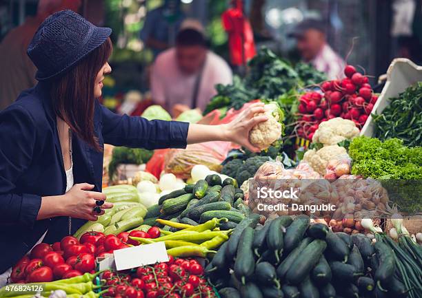 Female At Market Place Stock Photo - Download Image Now - 2015, Adult, Agriculture