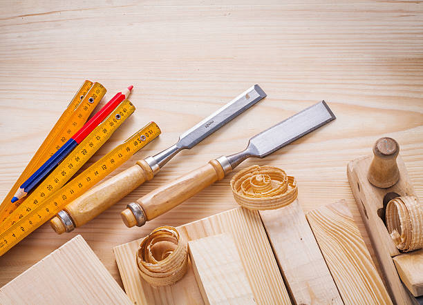 istock carpentry set joiners chisels wooden meter pencil shavings and b 476824204