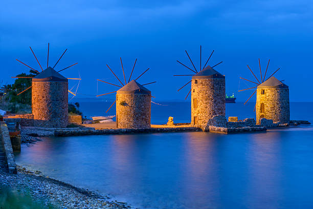istock Ancient windmills of chios at night 476824270