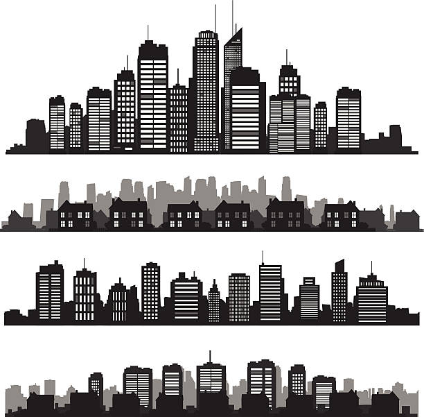 Set of vector cities silhouette and buildings vector art illustration