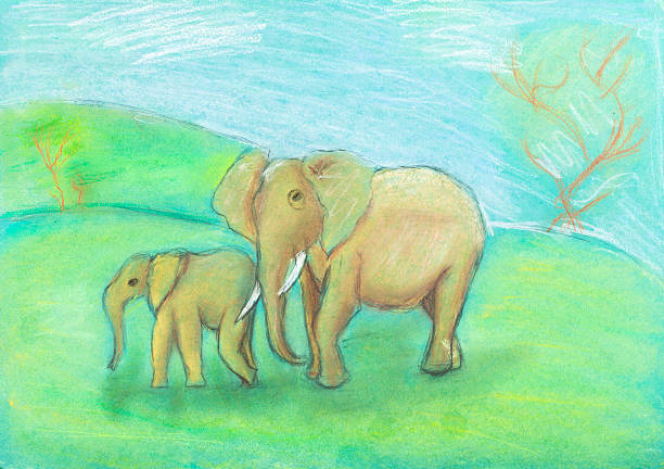 ilustrações, clipart, desenhos animados e ícones de crianças desenho de elefante com bebê a savana - pastel colored art and craft equipment pastel crayon horizontal