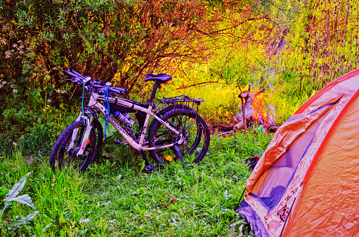Camping tent and two bycicles in summer