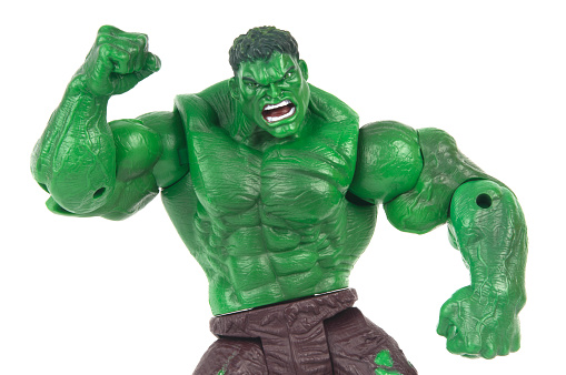 Adelaide, Australia - June 8, 2015: ADELAIDE, AUSTRALIA - June 08 2015 : A studio shot of a Hulk action figure on a white background. Marvel toys are highly sought after collectables.