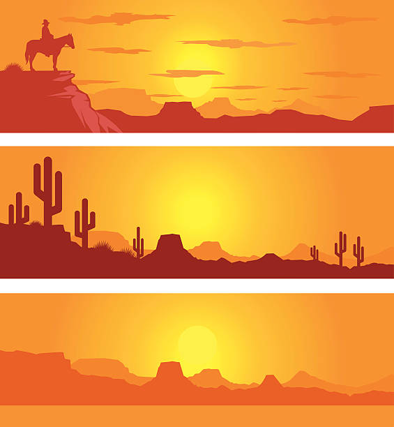 Western Desert Scene at Sunrise with Cowboy Set of 3 western desert scenes at sunset or sunrise with orange sky and a cowboy and cactus in the foreground. Art is on easily edited layers.  mojave desert stock illustrations