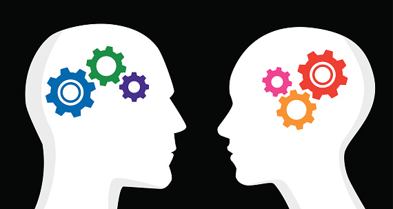 Vector illustration of one male and one female profile with gears inside their heads. One has cool / blue colored gears, the other has hot / red colored gears.