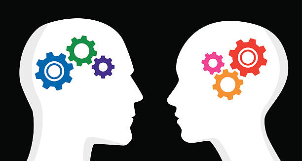 Man and Woman Gears Vector illustration of one male and one female profile with gears inside their heads. One has cool / blue colored gears, the other has hot / red colored gears. inspiration silhouettes stock illustrations