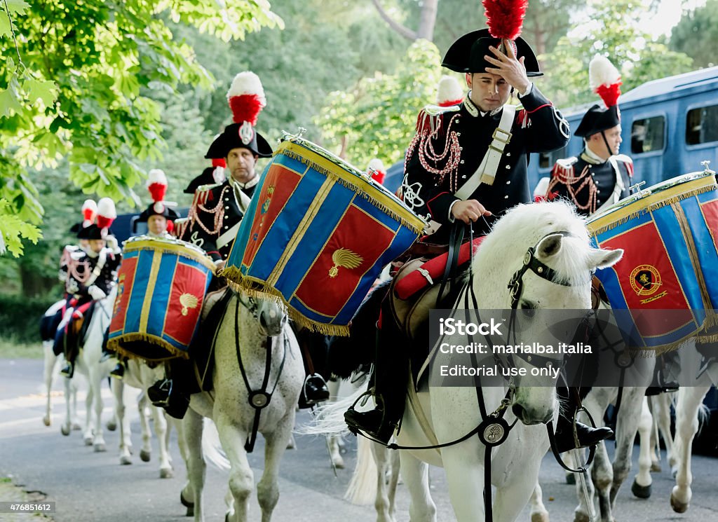 Carabinieri Rome,Italy - May 24,2015:Carabinieri marching band reaching Piazza di Siena, during the final act of 83rd CSIO di Roma Piazza di Siena - Master fratelli d'Inzeo,taking place in Piazza di Siena ,Rome. Drum - Percussion Instrument Stock Photo