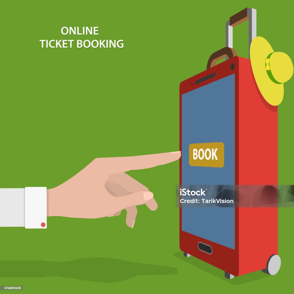 Online Ticket Booking Flat Vector Concept. Online Ticket Booking Flat Isometric Vector Concept. Womans Hand Tapping BOOK Button at Smartphone or Tablet That Looks Like Suitcase. 2015 stock vector