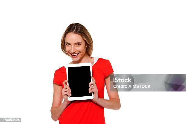 Woman Holding A Tablet Pc Stock Photo - Download Image Now - Happiness, One Woman Only, Women