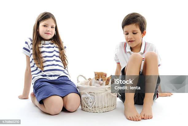 Children With Kittens Stock Photo - Download Image Now - 2015, Animal, Basket