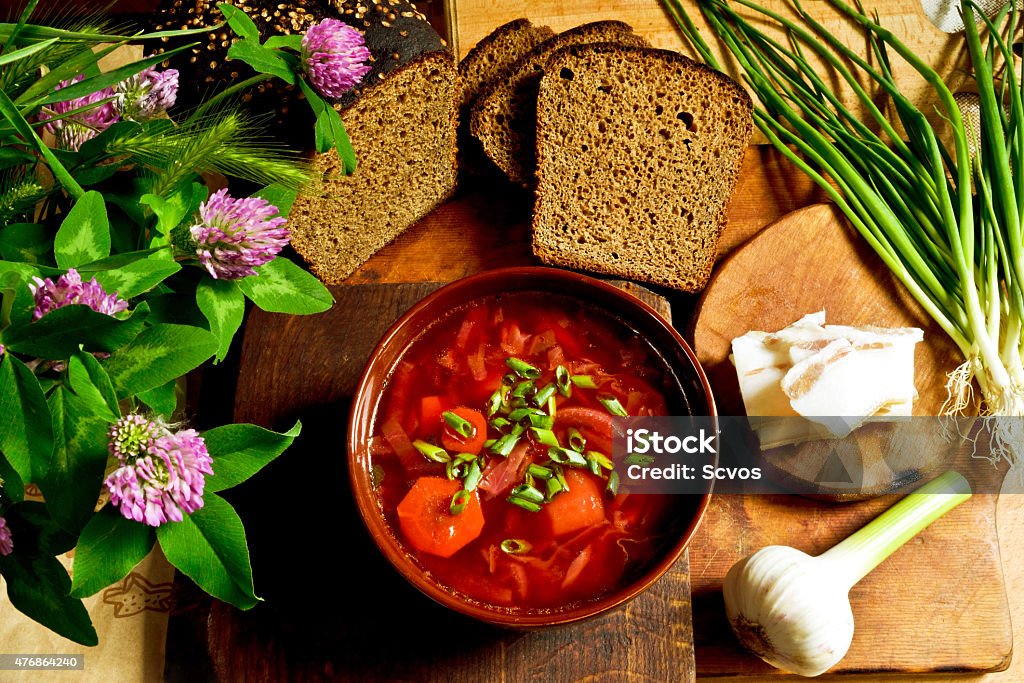 Ukrainian meal Ukrainian dinner with borscht, slab bacon and bread Clover Stock Photo