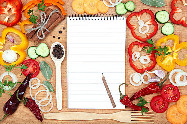 istock Vegetables, spices and notepad for recipes, on wooden table. 476867234