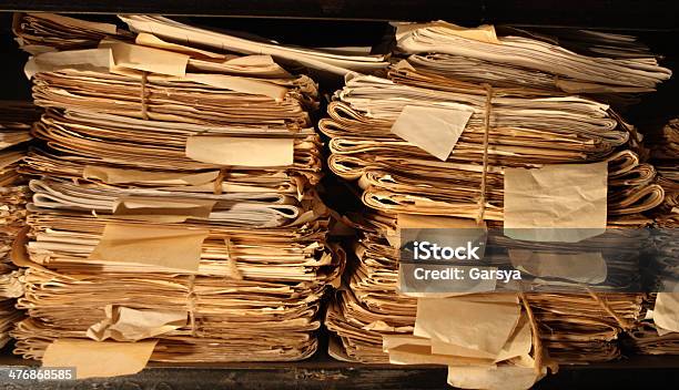 Paper Documents Stacked In Archive Stock Photo - Download Image Now - Archives, Catalog, Data