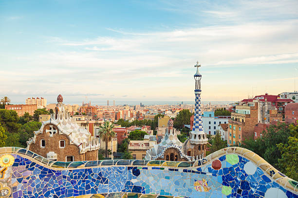 Gaudi's Parc Guell and skyline of Barcelona, Spain stock photo
