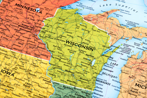 Map of Wisconsin State in USA. Detail from the World Map.