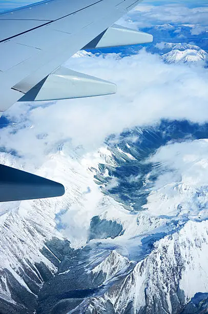 The view from an aeroplane window of the Southern Alps, the mountain range that runs down the spine of New Zealand's South Island.