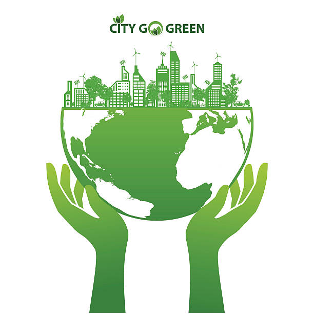 miasto oszczędzania energii z zielonej ziemi i las tło - economize stock illustrations