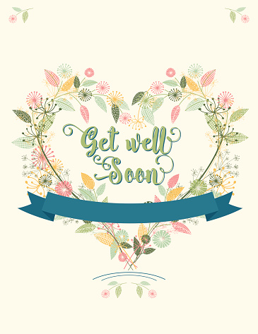 Wildflowers floral heart wreath Get Well Soon Card. pastel colored hand drawn flowers. There is text in the center with a banner for more text. Can be used as a greeting card, wedding invitation or save the date.
