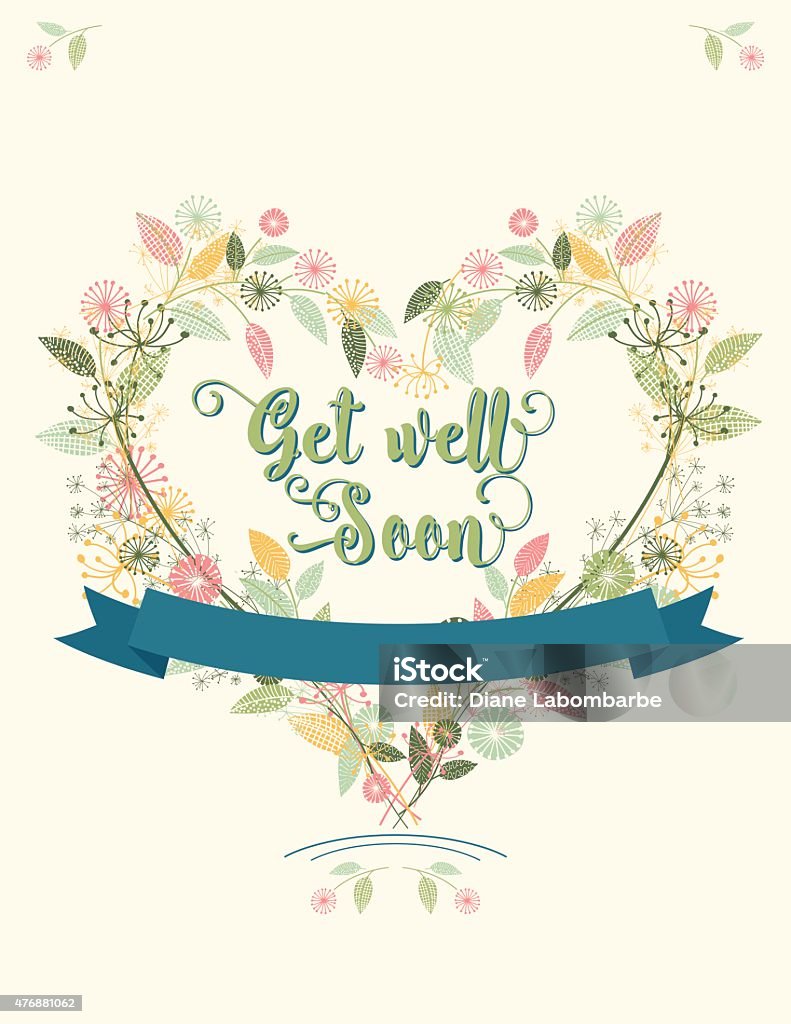 Wildflowers Floral  Get Well Soon Card Wildflowers floral heart wreath Get Well Soon Card. pastel colored hand drawn flowers. There is text in the center with a banner for more text. Can be used as a greeting card, wedding invitation or save the date. Get Well Card stock vector