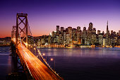 Bay Bridge and San Francisco skyline at sunset