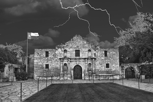 A stormy night at the Alamo ,San Antonio,Texas in black and white.