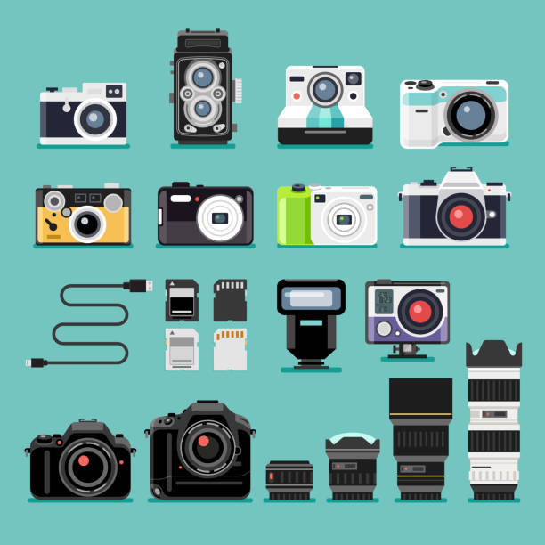 ilustraciones, imágenes clip art, dibujos animados e iconos de stock de cámara de iconos plana. - cámara réflex digital de objetivo único fotos