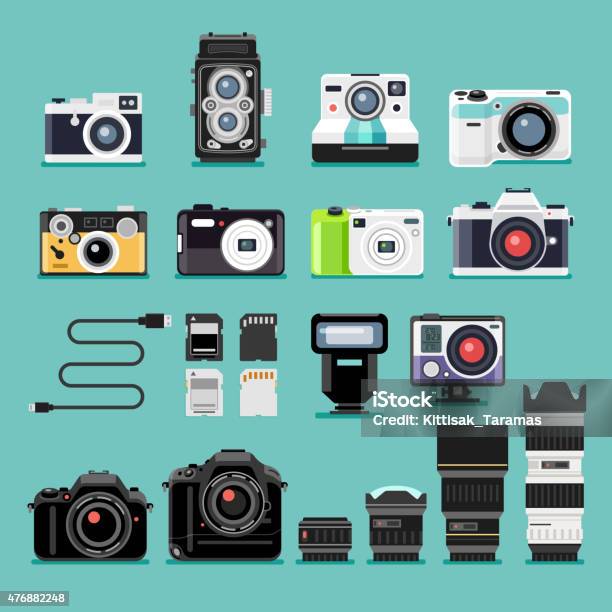 Camera Flat Icons Stock Illustration - Download Image Now - Camera - Photographic Equipment, Icon Symbol, Photographic Print