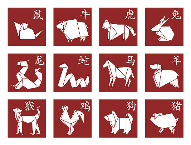 Origami Chinese Zodiac Zodiac - rat, ox, tiger, rabbit, dragon, snake, horse, sheep, monkey, rooster, dog, pig year of the sheep stock illustrations