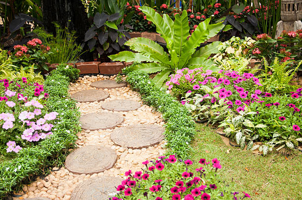 istock Stone Paved Garden Path with a Lawn and Flowerbed 476889385