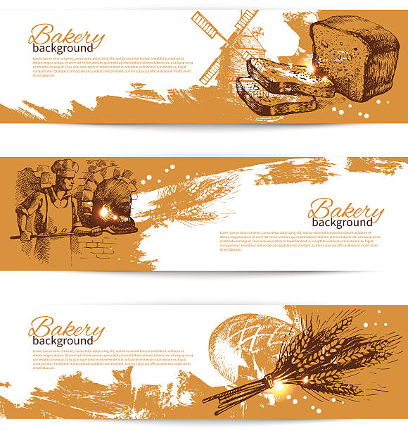 set of bakery sketch banners - baguette stock illustrations